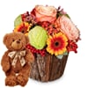 Flower arrangement 'Happy Surprise' with teddy bear 'Bruno'