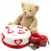 LOVE CAKE WITH TEDDY AND CHOCOLATES Online