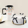 Personalized Travel Mug And Pearl Ribbon Cake Gift Combo Online