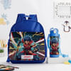 Personalized Warrior Caricature School Bag And Water Bottle Combo- Blue