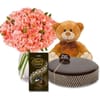 Pink Carnations Bouquet with Chocolate Strawberry Cake & Teddy Bear