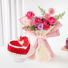 Red Velvet Heart Cake With Floral Mix Bouquet Online