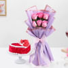 Red Velvet Heart Cake With Pink Rose Bouquet Online