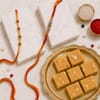 Rudraksh Swastik Om Rakhi Set with Channa Barfi Online
