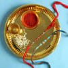 Gift Set of 2 Kundan and Beads Rakhi in Puja Thali