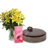 Yellow Asiatic Lilies, Chocolate Mud Cake & Lindt Chocolates Gift Hamper