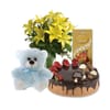 Yellow Lily Bouquet with Cake, Teddy & Lindt Chocolates