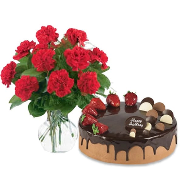 1 Kg Chocolate Strawberry Cake with 12 Red Carnations Bouquet