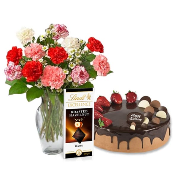 1 Kg Chocolate Strawberry Cake with Mixed Carnation Bouquet and Lindt Chocolate