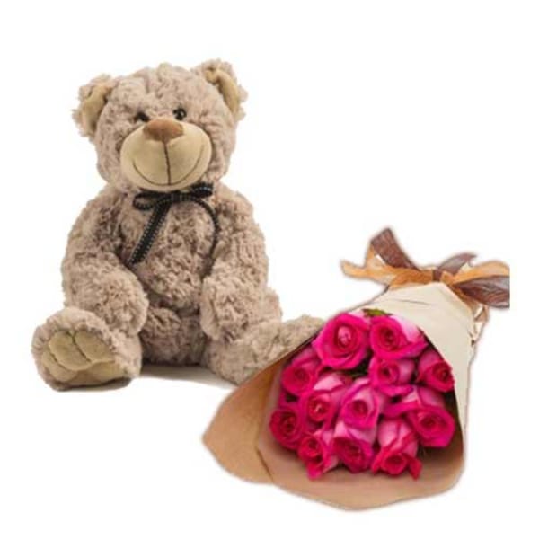 10 Dark Pink Roses and Teddy Bear