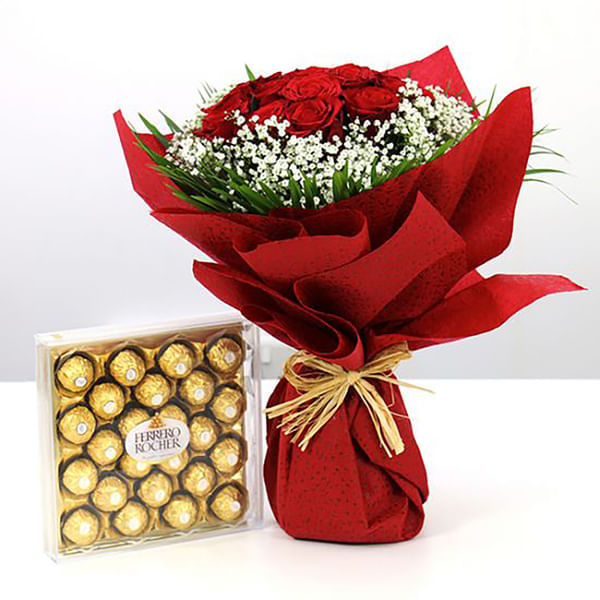 10 STEM RED ROSE WITH FERRERO