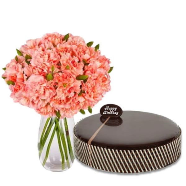 12 Pink Carnations Bouquet with 1 Kg Chocolate Mud Cake