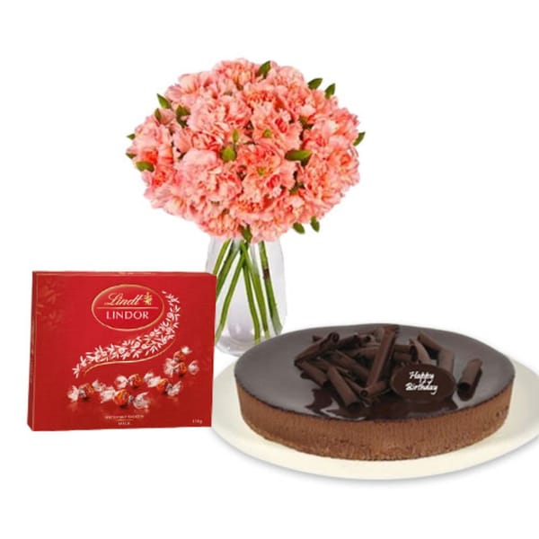 12 Pink Carnations Bouquet with Chocolate Cheesecake & Lindt Lindor Chocolates