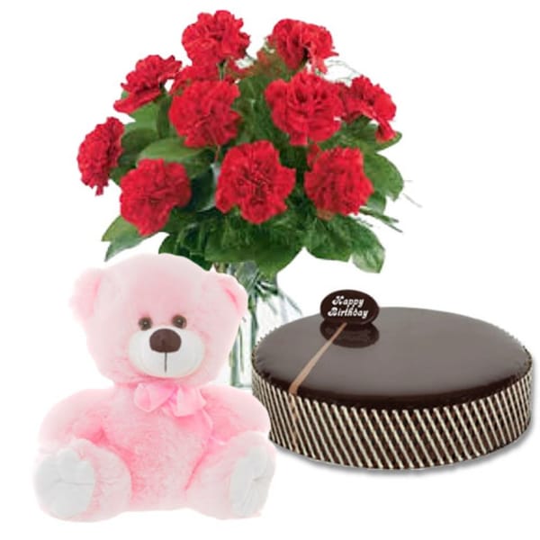 12 Red Carnations Bouquet with Chocolate Mud Cake & Teddy Bear