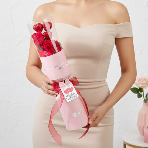 2 Red Roses with Heart Chocolate Bouquet