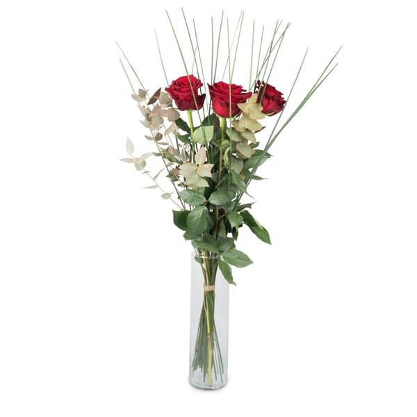 3 Red Roses with greenery