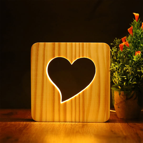 3D LED Wooden Night Light Table Lamp - Heart - Single Piece