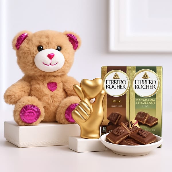 6 Inch Teddy, Ferrero Chocolate Bars & Heart Keepsake