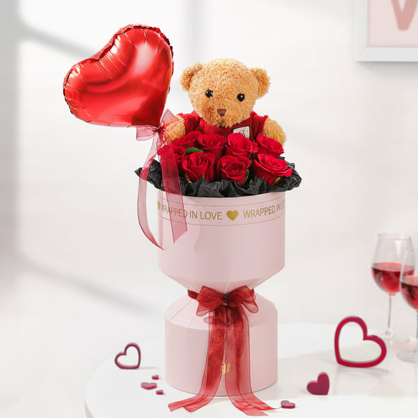 8 Red Roses Valentine's Day Bouquet With Teddy