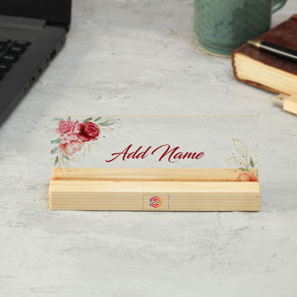Acrylic Name Plate In Wooden Stand - Customized With Logo