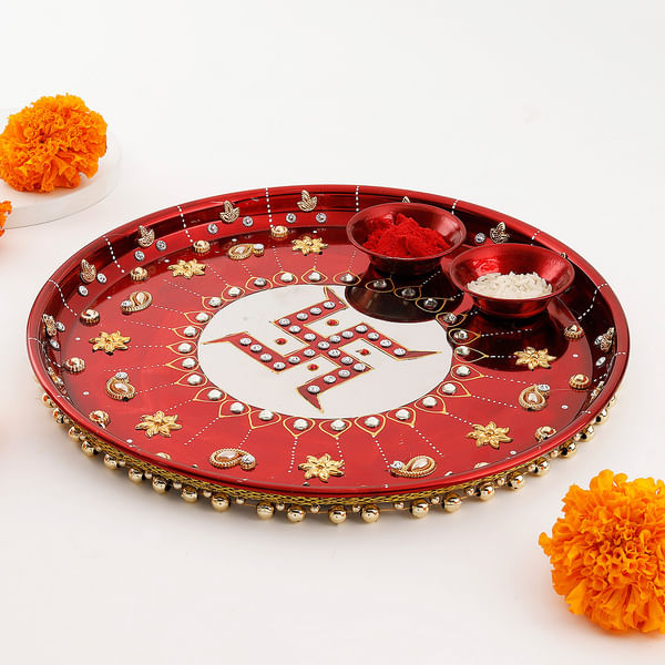 Alluring Red Swastik Puja Thali For Karwa Chauth