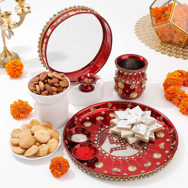 Alluring Swastik Karwa Chauth Red Pooja Thali Hamper