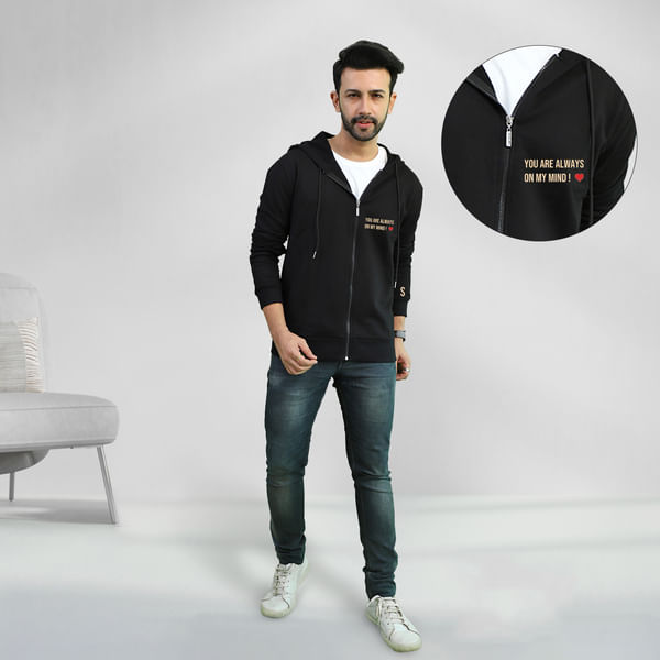 Always On My Mind Puff Heart - Personalized Men's Zipper Hoodie - Black