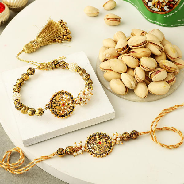 Antique Bhaiya Bhabhi Rakhi With Pista