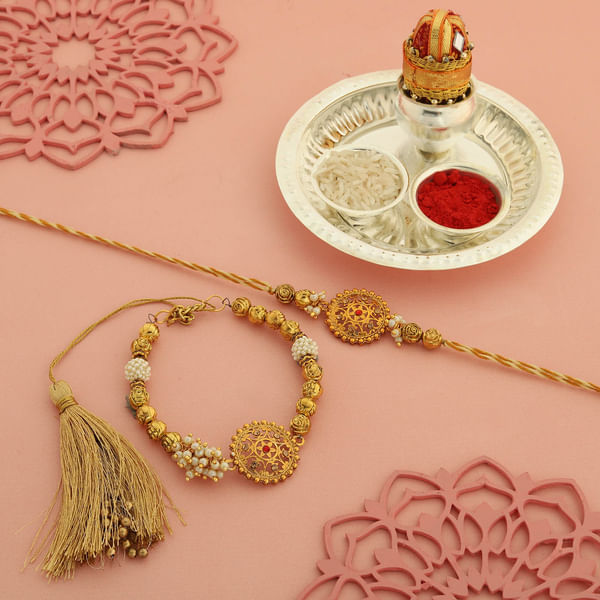 Antique Bhaiya Bhabhi Rakhi With Pooja Thali