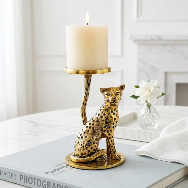 Antique Gold Finish Jaguar Candle Holder