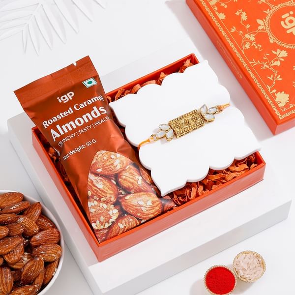 Antique Kundan Rakhi And Almonds Combo