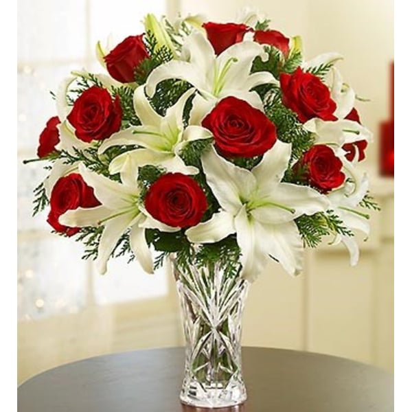 Arrangement of Red Roses and White Liliums in Vase