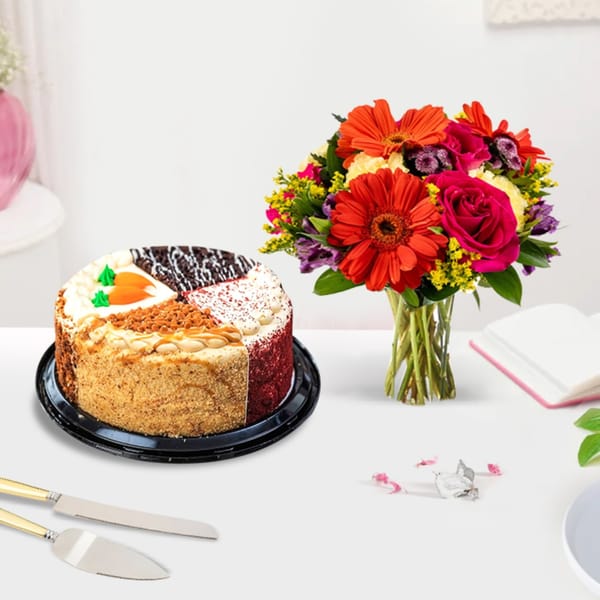 Assorted Bouquet and Cream Cake Combo