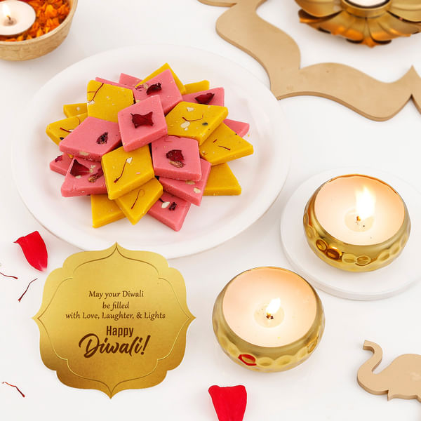 Assorted Kaju Katli With Thathera Design Metal Candles
