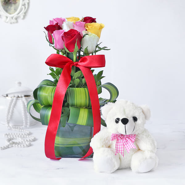 Assorted Roses in a Vase with Teddy Bear