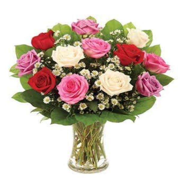 Assorted Roses Red Pink White Lilac Arrangement