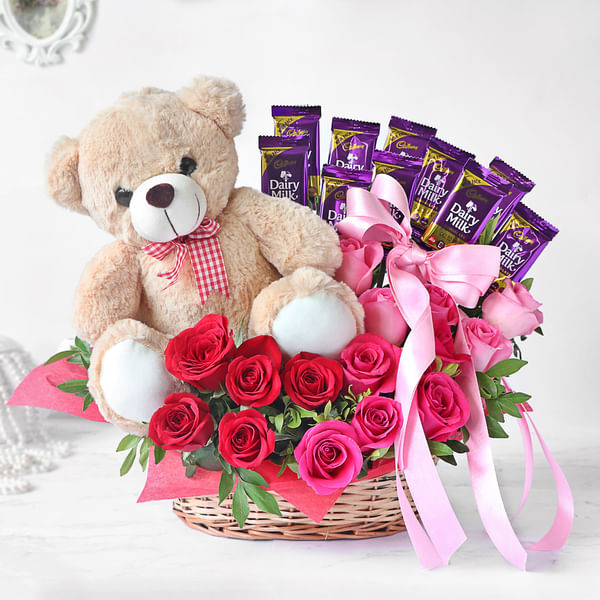 Assorted Roses with Dairy Milk & Teddy in Basket