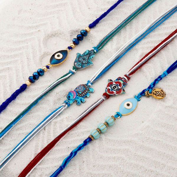Auspicious Hamsa And Evil Eye Rakhi Set Of 5