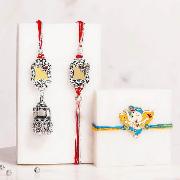 Bal Ganesha Kids Rakhi with Bhaiya Bhabhi Mirror Rakhi Set