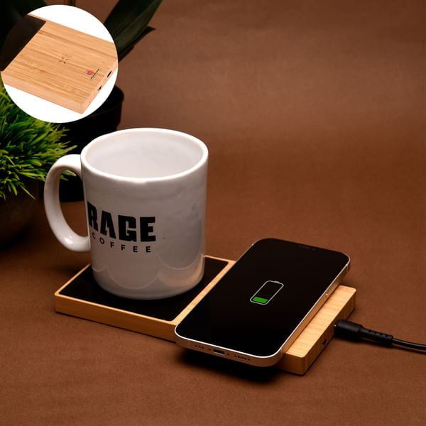 Bamboo Wireless Charger With Cup Warmer