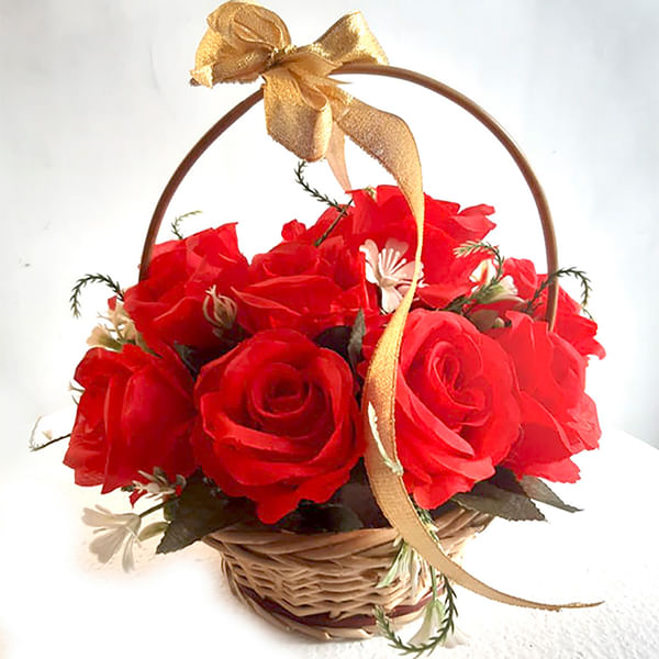 BASKET OF RED SILK ROSES