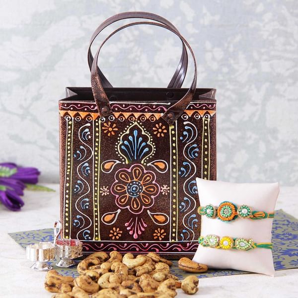 Beaded Rakhi Set With Metal Bag of Kaju & Silver Roli Chawal Container