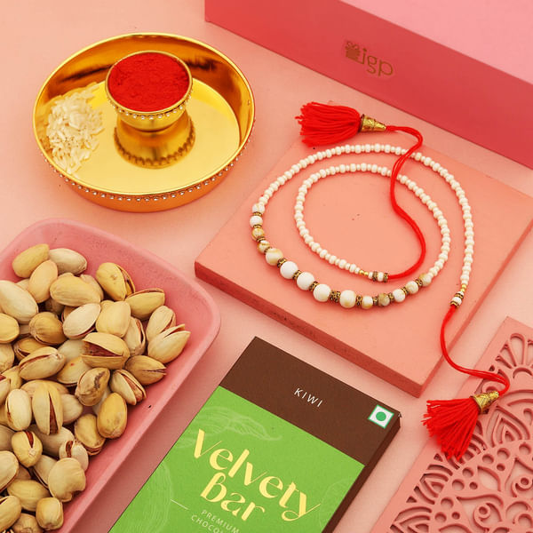 Beads Rakhi With Premium Goodies And Pooja Thali