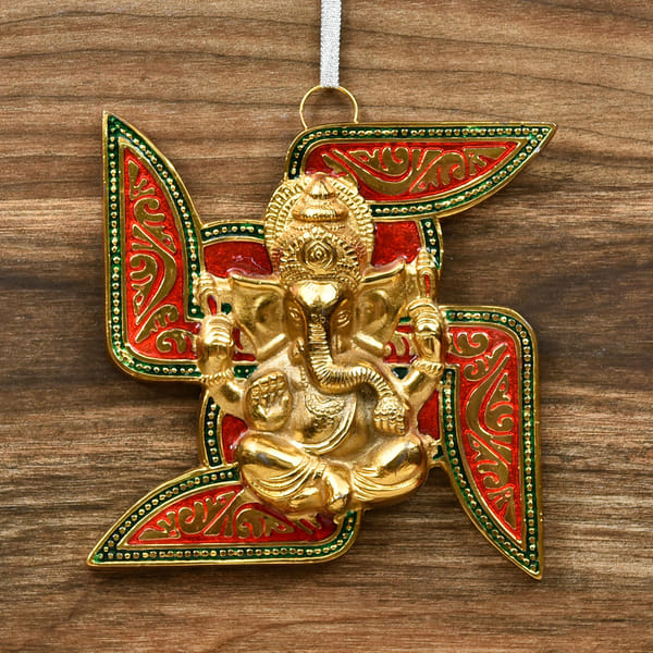 Beautiful White Metal Swastik with Ganesha