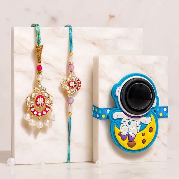Bhaiya Bhabhi Meena Lotus Rakhi & Kids LED Astronaut Rakhi
