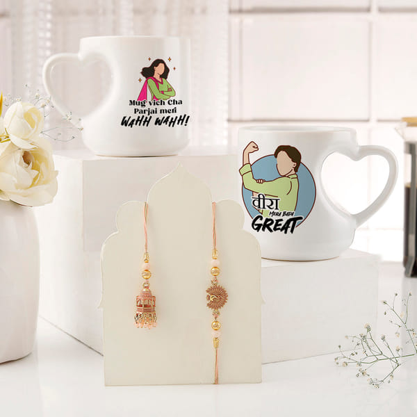 Bhaiya Bhabhi Temple Design Rakhi With Personalized Mugs