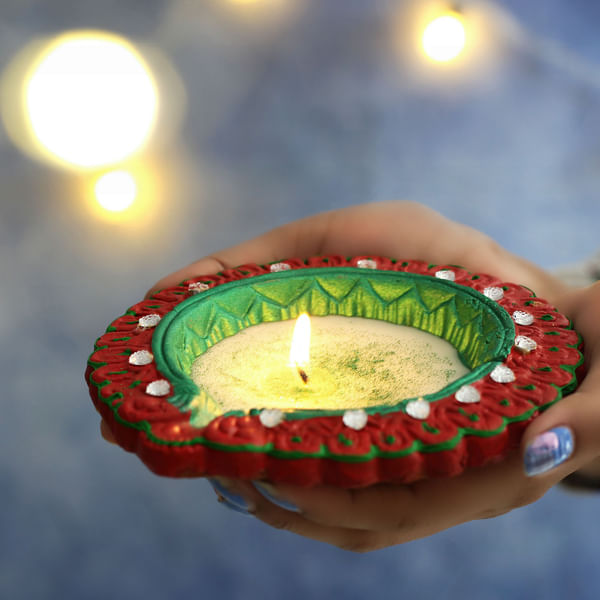 Big Clay Diya with Wax and Glitter Stone Work