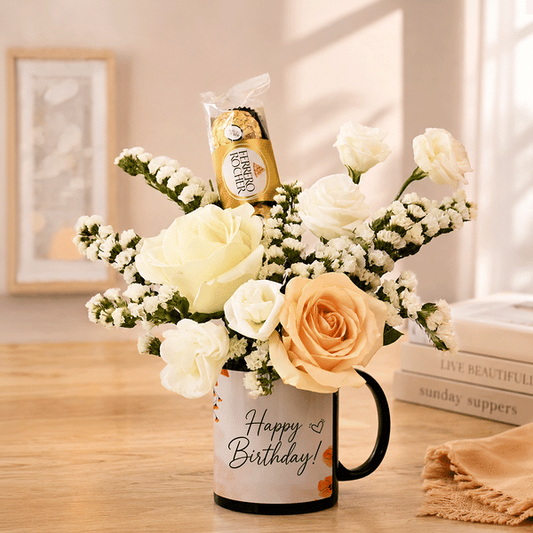 Birthday Cream Floral and Chocolate Mug Arrangement