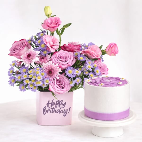 Birthday Floral Arrangement & Vanilla Cake Combo