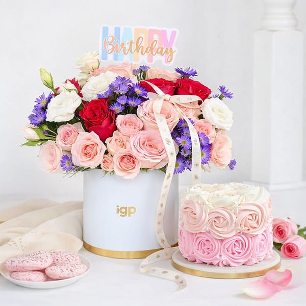 Birthday Floral Arrangement & Vanilla Rose Cake Combo